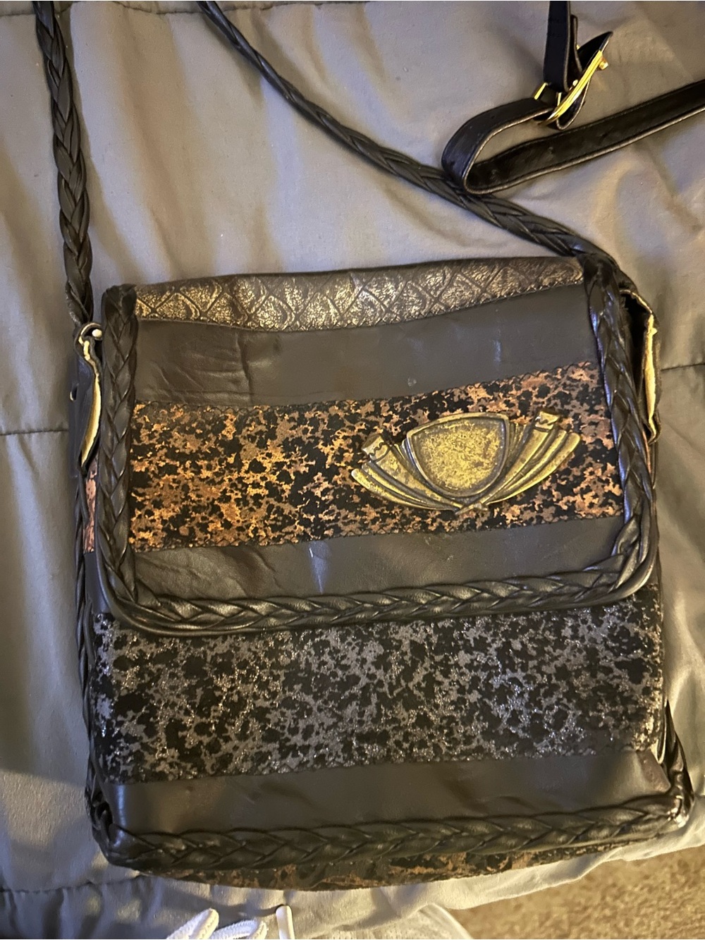 Vintage Black and Bronze Textured Crossbody Bag